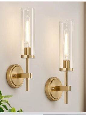 Brushed Gold Wall Sconces Set of 2 Clear Glass Hardwired Vanity Lights